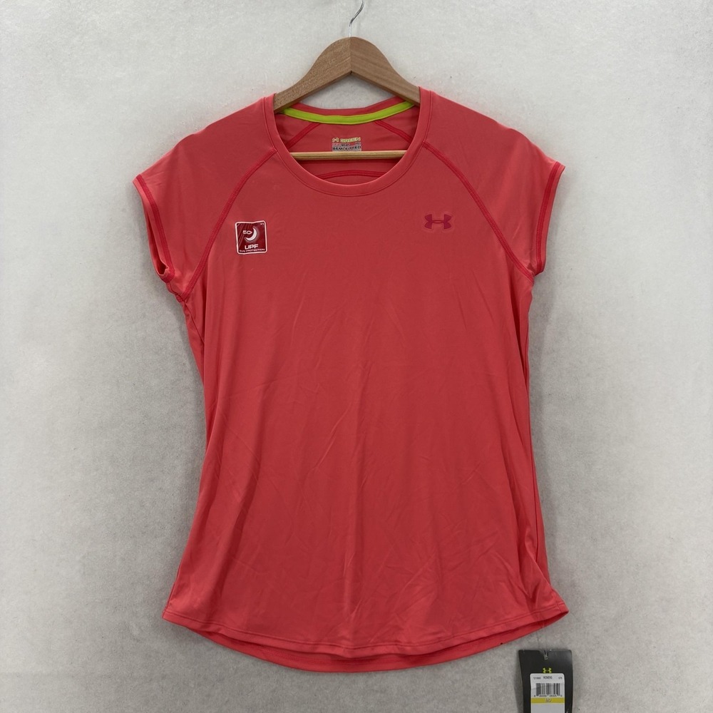 Under Armour HeatGear Shirt Womens Medium Pink Semi Fitted Short Sleeve Gym NWT